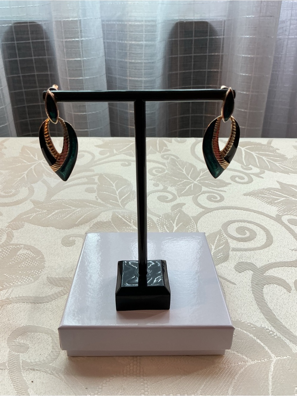 Navy Blue and Emerald Green Enamel Gold Tone Pierced Earrings